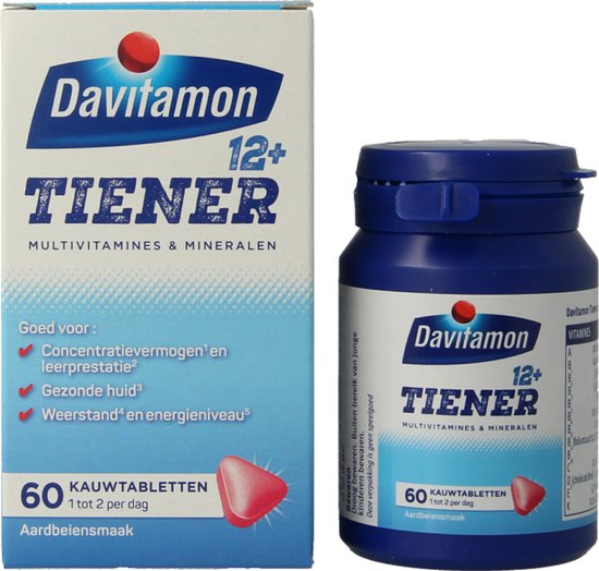 Flesje Davitamon Tiener 12+ met 60 aardbei kauwtabletten en bijbehorende verpakking.