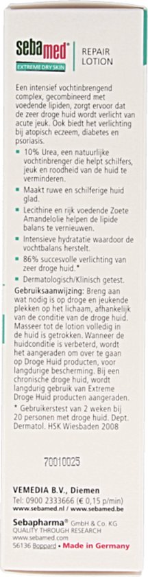 Sebamed Repair Lotion Extreem droge huid. Witte verpakking met Nederlandse tekst.