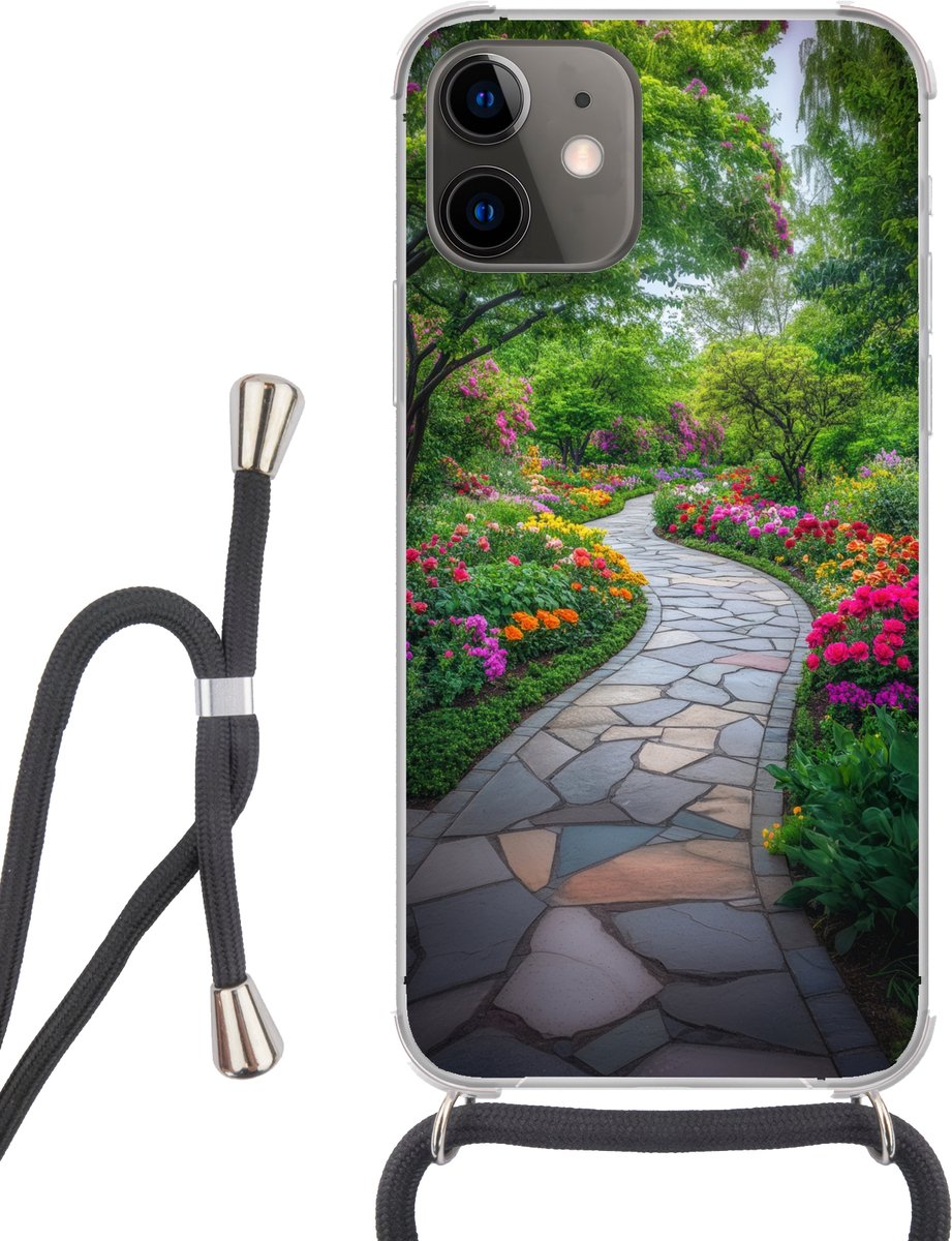 Telefoonhoesje Geschikt voor iPhone 12 Mini - Park - Bloemen - Tuin - Siliconen - Crossbody - Backcover met Koord - Telefoonhoesje met koord - Hoesje met touw Telefoonhoesje