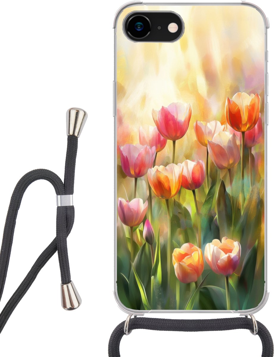 Telefoonhoesje Geschikt voor iPhone 7 - Tulpen - Sprookjesachtig - Kleurrijk - Siliconen - Crossbody - Backcover met Koord - Telefoonhoesje met koord - Hoesje met touw Telefoonhoesje