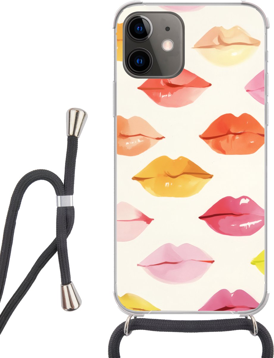 Telefoonhoesje Geschikt voor iPhone 11 - Lippen - Kleurrijk - Glanzend - Siliconen - Crossbody - Backcover met Koord - Telefoonhoesje met koord - Hoesje met touw Telefoonhoesje