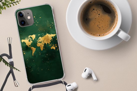 Étui de téléphone Convient pour iPhone 11 - Wereldkaart - Vert - Goud - Siliconen - Crossbody - Backcover avec Cordon - Étui de téléphone avec cordon - Étui avec corde Étui de téléphone