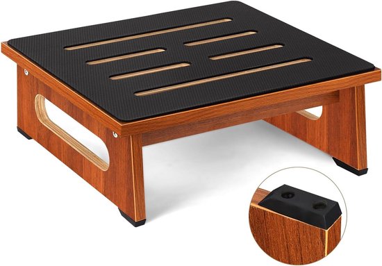 Foto: Allecto premium houten opstapkruk voor volwassenen en senioren antislip rubberen pad 250 kg draagbaar voor binnen en buiten badkamer keuken nachtkastje walnootkleurig