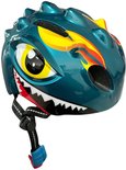Blauwe dinosaurus kinderhelm met grote gele ogen, witte tanden en rode accenten.
