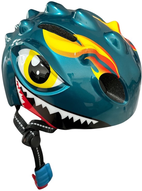 Blauwe dinosaurus kinderhelm met grote gele ogen, witte tanden en rode accenten.
