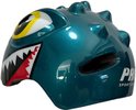 Groene kinderhelm met dinosaurusprint, vlammen en haaientanden.