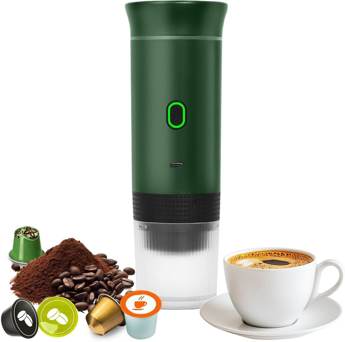 Draagbaar Koffiezetapparaat - 60ml - Capsule Koffie - 12V 6A 72W - Gemalen Koffie - Oplaadbaar - Cups - Auto en Camping - Snelle Verwarming voor Kantoor, Reizen, Camping, Thuis - Groen