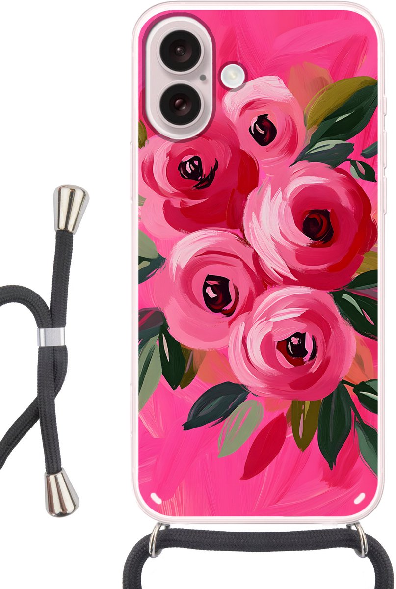Telefoonhoesje Geschikt voor iPhone 16 - Bloemen - Verf - Roze - Siliconen - Crossbody - Backcover met Koord - Telefoonhoesje met koord - Hoesje met touw Telefoonhoesje