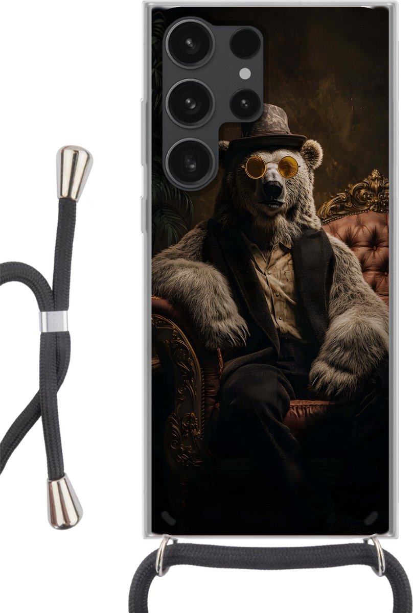 Telefoonhoesje Geschikt voor Samsung Galaxy S23 Ultra - Ijsbeer - Hoed - Bril - Stoel - Siliconen - Crossbody - Backcover met Koord - Telefoonhoesje met koord - Hoesje met touw Telefoonhoesje