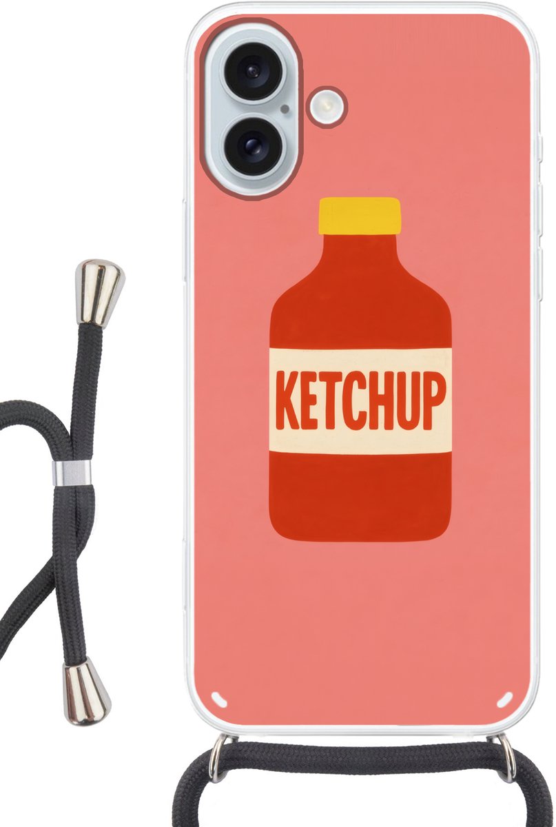 Telefoonhoesje Geschikt voor iPhone 16 Plus met koord - Ketchup - Fles - Rood - Minimalistisch - Siliconen - Crossbody - Backcover met Koord - Telefoonhoesje met koord - Hoesje met touw Telefoonhoesje