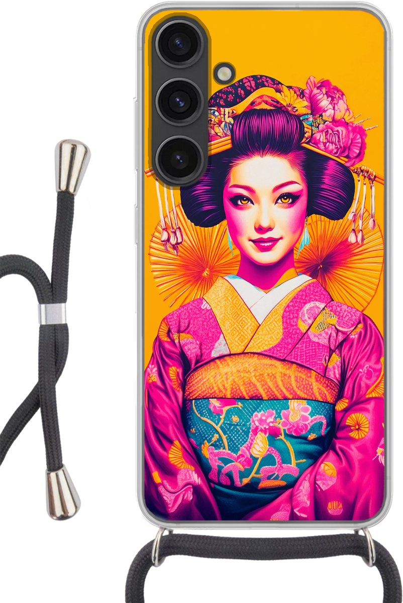 Telefoonhoesje Geschikt voor Samsung Galaxy S24 Plus - Bloemen - Vrouw - Kimono - Roze - Siliconen - Crossbody - Backcover met Koord - Telefoonhoesje met koord - Hoesje met touw Telefoonhoesje