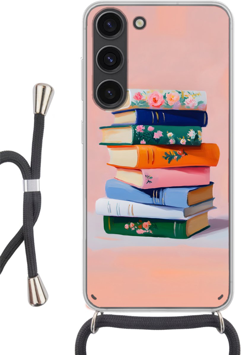 Telefoonhoesje Geschikt voor Samsung Galaxy S23 - Boeken - Stapel - Kleurrijk - Siliconen - Crossbody - Backcover met Koord - Telefoonhoesje met koord - Hoesje met touw Telefoonhoesje