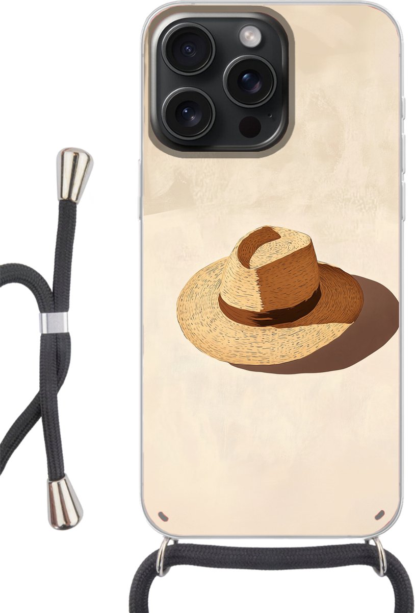 Telefoonhoesje Geschikt voor iPhone 15 Pro - Hoed - Minimalistisch - Schaduw - Beige - Siliconen - Crossbody - Backcover met Koord - Telefoonhoesje met koord - Hoesje met touw Telefoonhoesje