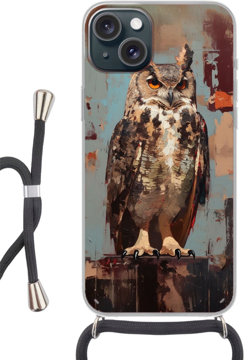 Telefoonhoesje Geschikt voor iPhone 15 - Geschilderd - Abstract - Uil - Bruin - Siliconen - Crossbody - Backcover met Koord - Telefoonhoesje met koord - Hoesje met touw Telefoonhoesje