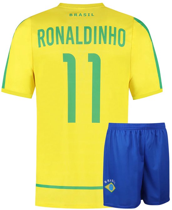 Arrière du maillot de football brésilien avec 'RONALDINHO 11' sur le maillot jaune et un short bleu avec logo.