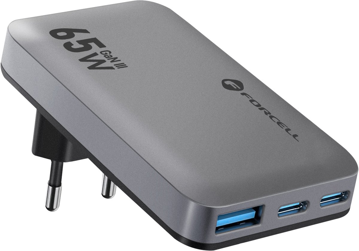 Forcell, GaN III Oplader 65W - 2x USB-C + USB - Snellader - Ultra-thin, Grijs