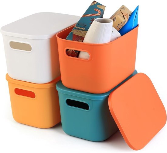 JGS Premium - Set de 4 boîtes de rangement empilables avec couvercles - Paniers de rangement en plastique pour cuisine, salle de bain, chambre - Organisateur de placard avec couvercles colorés