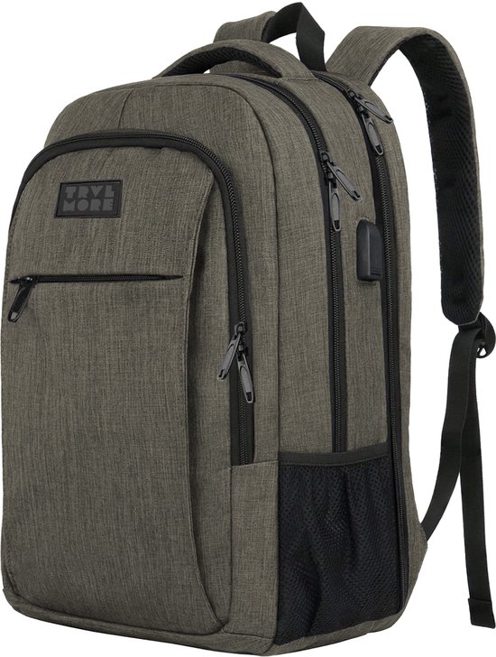TRVLMORE Rugtas - 36L - 17,3 Inch - Laptop Rugzak met USB - Schooltas - Heren en Dames - Tas - Levenslange Garantie - Grijsgroen