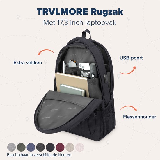 TravelMore Daily Carry XL Backpack - Sac à dos pour ordinateur portable 17,3 pouces - Femme / Homme - 36L - Hydrofuge - Zwart