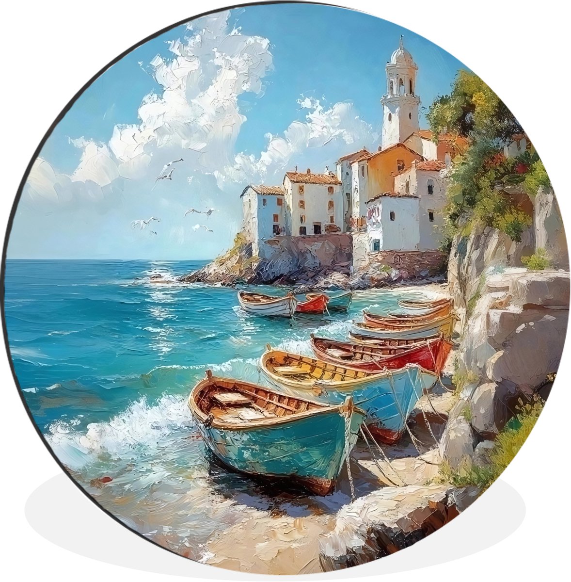 WallCircle Wandcirkel - Muurcirkel - Boten - Rotsen - Zee - Zon - Aluminium - Dibond - 120x120 cm - Binnen en Buiten Boten - Zee - Rotsen