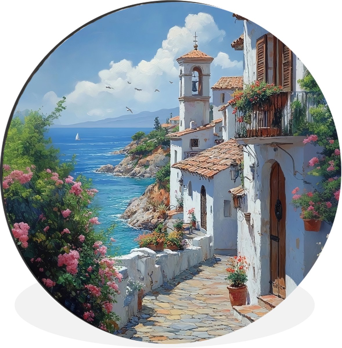 WallCircle Wandcirkel - Muurcirkel - Huizen - Zee - Bomen - Bloemen - Aluminium - Dibond - 120x120 cm - Binnen en Buiten Huizen - Zee - Bloemen