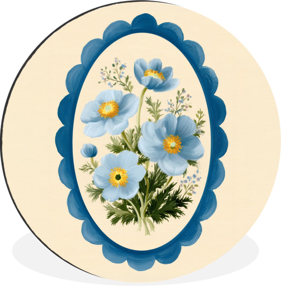 WallCircle Wandcirkel - Muurcirkel - Lijst - Bloemen - Lichtblauw - Illustratie - Aluminium - Dibond - 30x30 cm - Binnen en Buiten Boemen - Illustratie