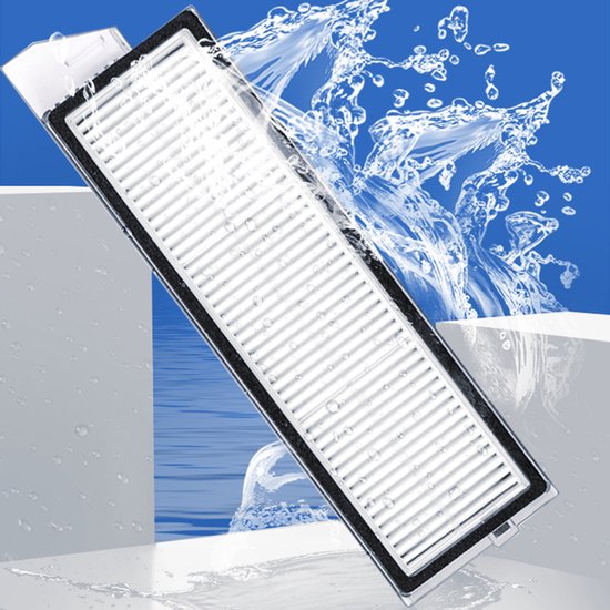Een rechthoekig HEPA-filter met witte ribbels en een zwart frame, omgeven door opspattend water.