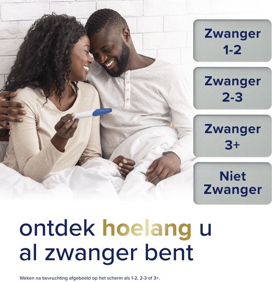 Een lachend zwanger koppel op bed, de vrouw houdt een zwangerschapstest vast. De testresultaten "Zwanger 1-2", "Zwanger 2-3", "Zwanger 3+" en "Niet Zwanger" worden weergegeven.