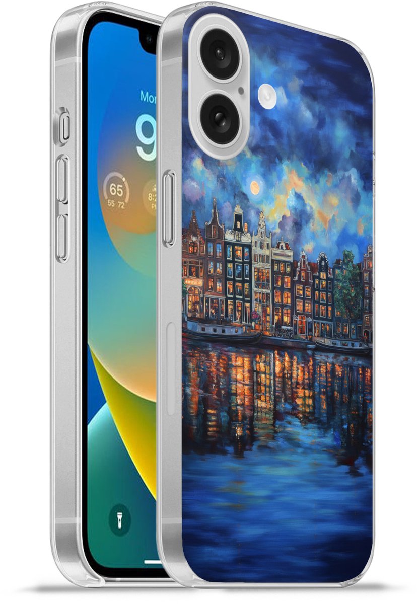 Telefoonhoesje Geschikt voor Apple Iphone 16 hoesje - Grachten Amsterdam - Huizen - Stad - Kleurrijk - Siliconen Telefoonhoesje Telefoonhoesje