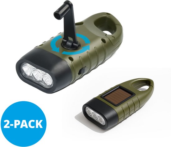 FlinQ Opwindbare Zaklamp 2-PACK - LED Knijpkat met Dynamo Opwindbaar - Oplaadbare Batterij door Handmatig Opwinden - Waterdichte Pillamp Noodverlichting voor een Noodpakket - Geen Batterijen Nodig