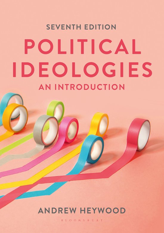Septième édition, Idéologies Politiques : Une Introduction, Andrew Heywood. Fond rose pâle avec plusieurs rouleaux de ruban adhésif coloré.