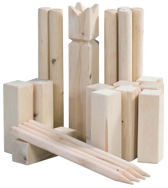 Een set van 21 houten Kubb spelonderdelen, waaronder 6 pionnen, 1 koning, 10 kubben en 4 werpstokken.