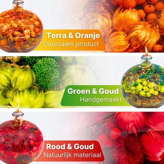 Olielamp met olie – Glazen Bol Ø13 cm – Kaars - Groen/Goud – Sfeerverlichting –Kerst – Navulbaar — afbeelding 3