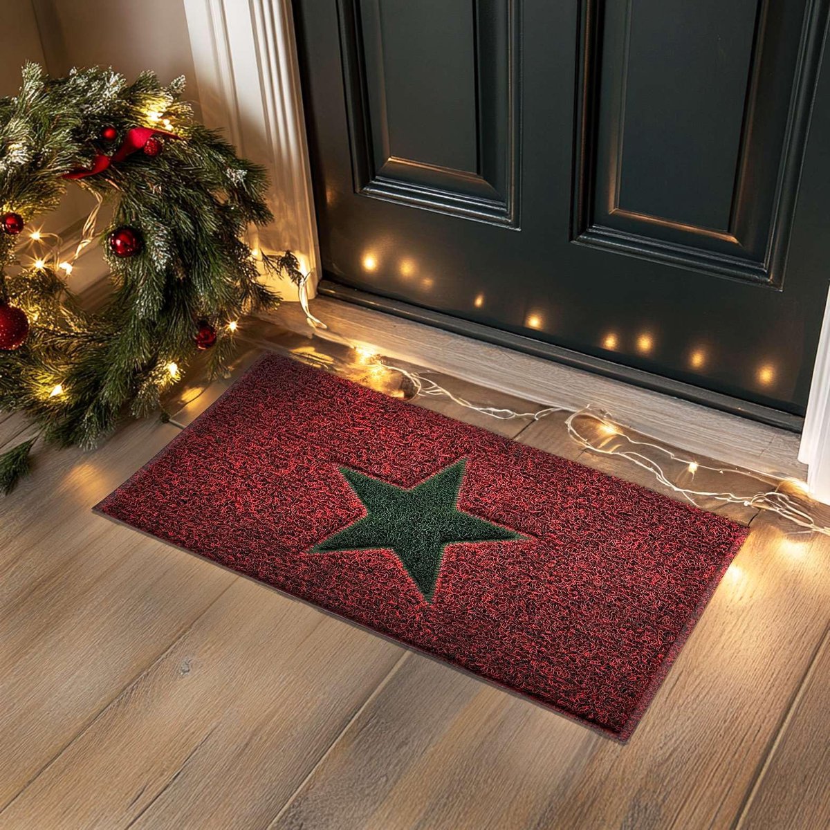 Ibenzoa Decoratieve Deurmat met Kerstster, Antislip Vuilvanger voor Binnen en Buiten, 90 x 60 cm, Rood en