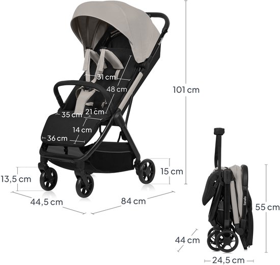 Afmetingen van de grijze buggy in geopende en gesloten toestand, met duidelijke maatindicaties.