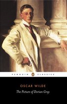 Boekcover van 'The Picture of Dorian Gray' door Oscar Wilde. Een jonge man in een wit pak met rode das leunt tegen een zuil.