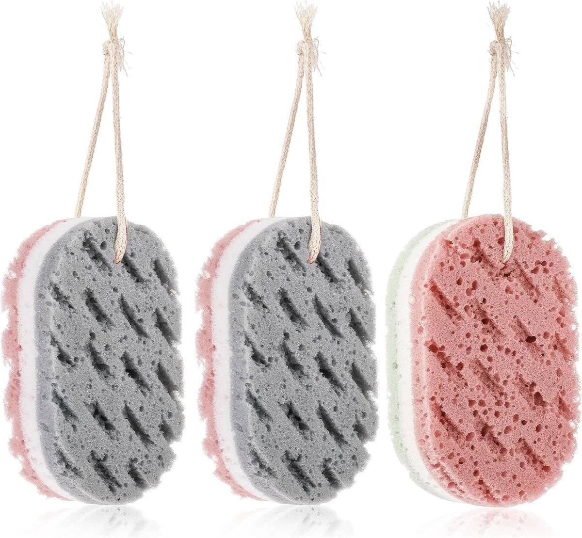 Three Women Badsponzen - Loofah Exfoliërende Spons - 1 Groen, Wit en Rood + 2 Grijs, Wit en Rood