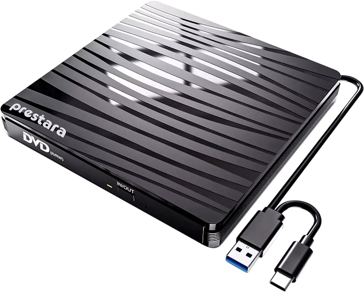 Prestara - Externe CD DVD Speler en Brander – Compact, Plug & Play, USB-C & USB 3.0 – Geschikt voor Windows - Mac - Linux