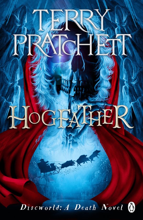 Boek "Hogfather" van Terry Pratchett, met een skelet en een slee met wilde zwijnen.
