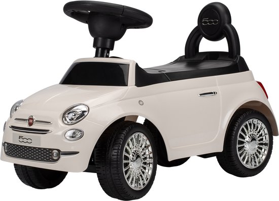 Crème witte Fiat 500 loopauto met zwart stuur en zitting. Zilverkleurige velgen.