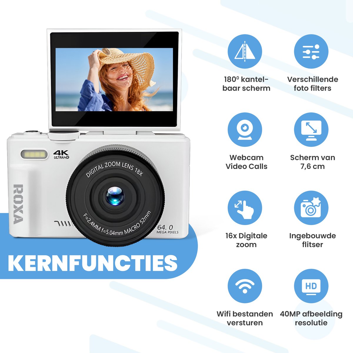Roxa 48MP-camera met WiFi en 180° klapscherm thumbnail 2