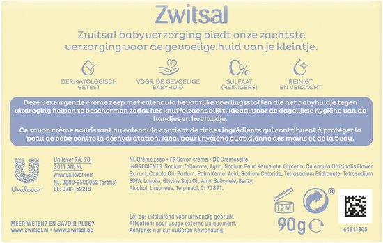 Zwitsal babyverzorging. Dermatologisch getest, voor de gevoelige babyhuid, 0% sulfaat, reinigt en verzacht. Crème zeep met calendula.