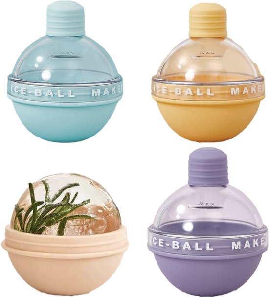 Quatre moules à boules de glace ronds : bleu avec des herbes, jaune, rose et violet, avec des dimensions.