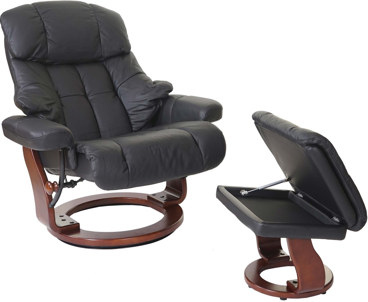 MCA Relax fauteuil Calgary XXL, TV fauteuil kruk, echt leer 180kg belastbaar ~ zwart, walnoot look