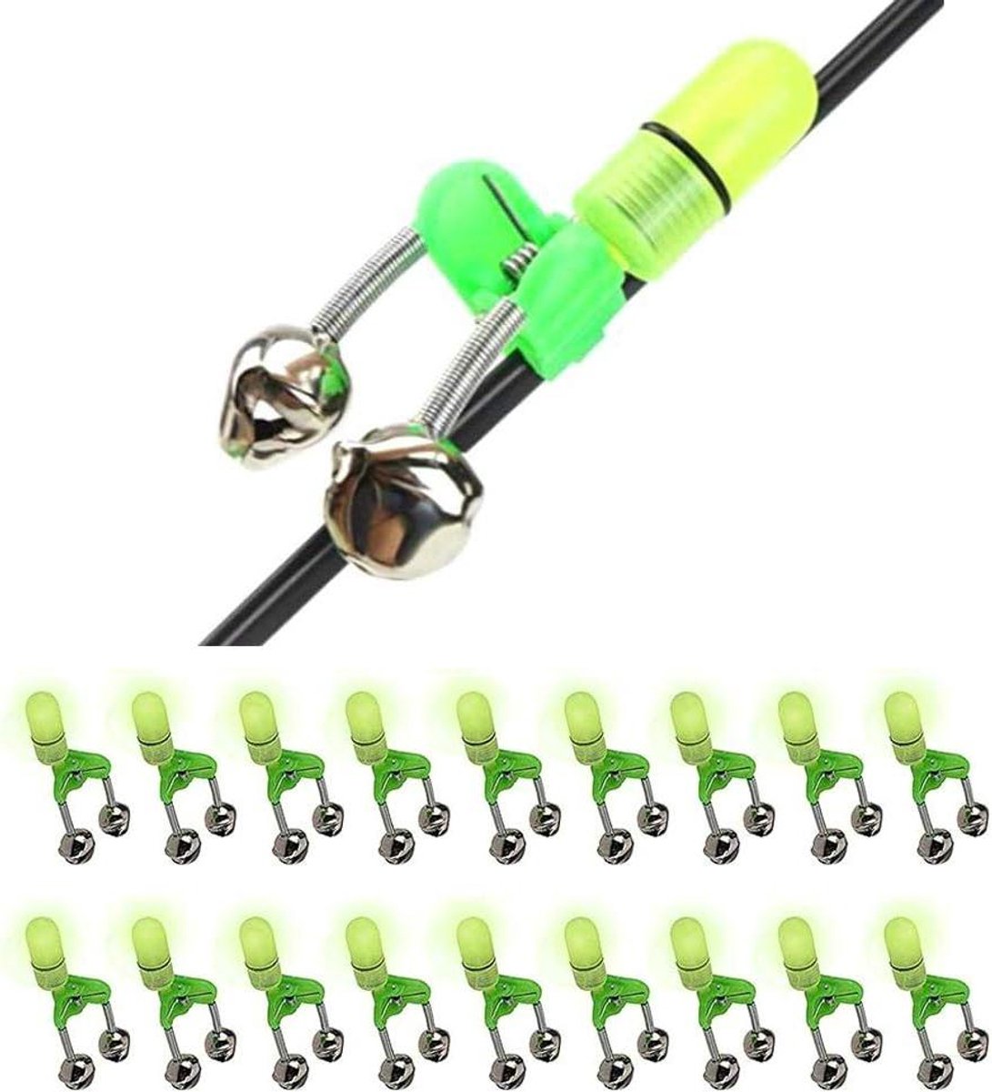 Allecto Plus - Visalarm met 10 stuks vishengel clip voor nachtvissen met LED-clip en dubbele bel ring - beet indicator alarm