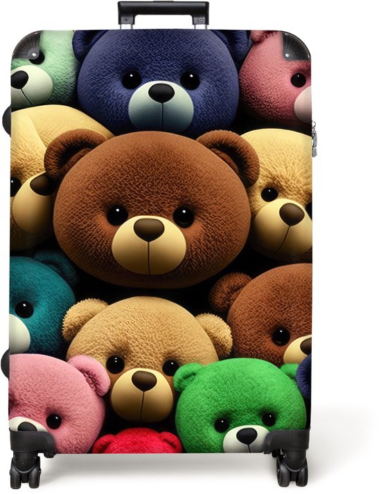 Zwarte koffer vol met kleurrijke, zachte teddyberen.