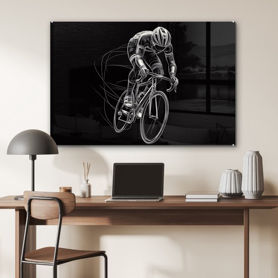 MuchoWow® Glasschilderij 120x80 cm - Schilderij acrylglas - Lijntekening - Wit - Wielrennen - Snelheid - Foto op glas - Muurdecoratie woonkamer - Wanddecoratie slaapkamer - Schilderijen