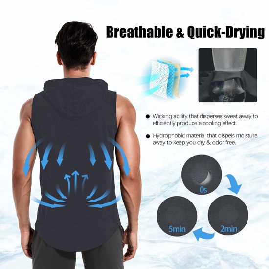MEETEU Heren workout tanktops met capuchon (2-pack) mouwloze gym hoodies bodybuilding muscle cut-off T-shirt-Grijs/Blauw-L