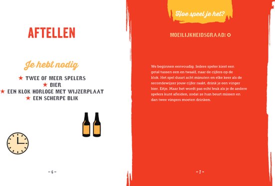 Pagina's met de titel 'AFTELLEN' en 'Hoe speel je het?' met afbeeldingen van flessen bier en een klok.