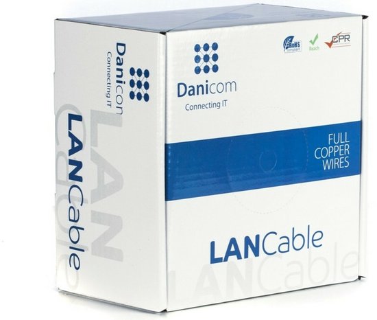 Doos van Danicom LANkabel met het logo en "FULL COPPER WIRES".